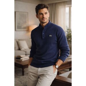 Lacoste Navy Cotton Henley Knit SweaterPreppy,OldMoney Minimalist Casual 6